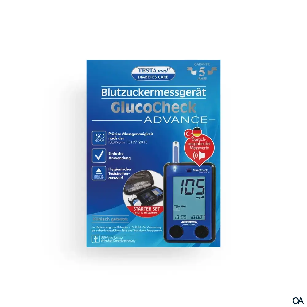 TESTAmed® DIABETES CARE GlucoCheck Advance Blutzuckermessgerät mg/dl mmol/l Voice