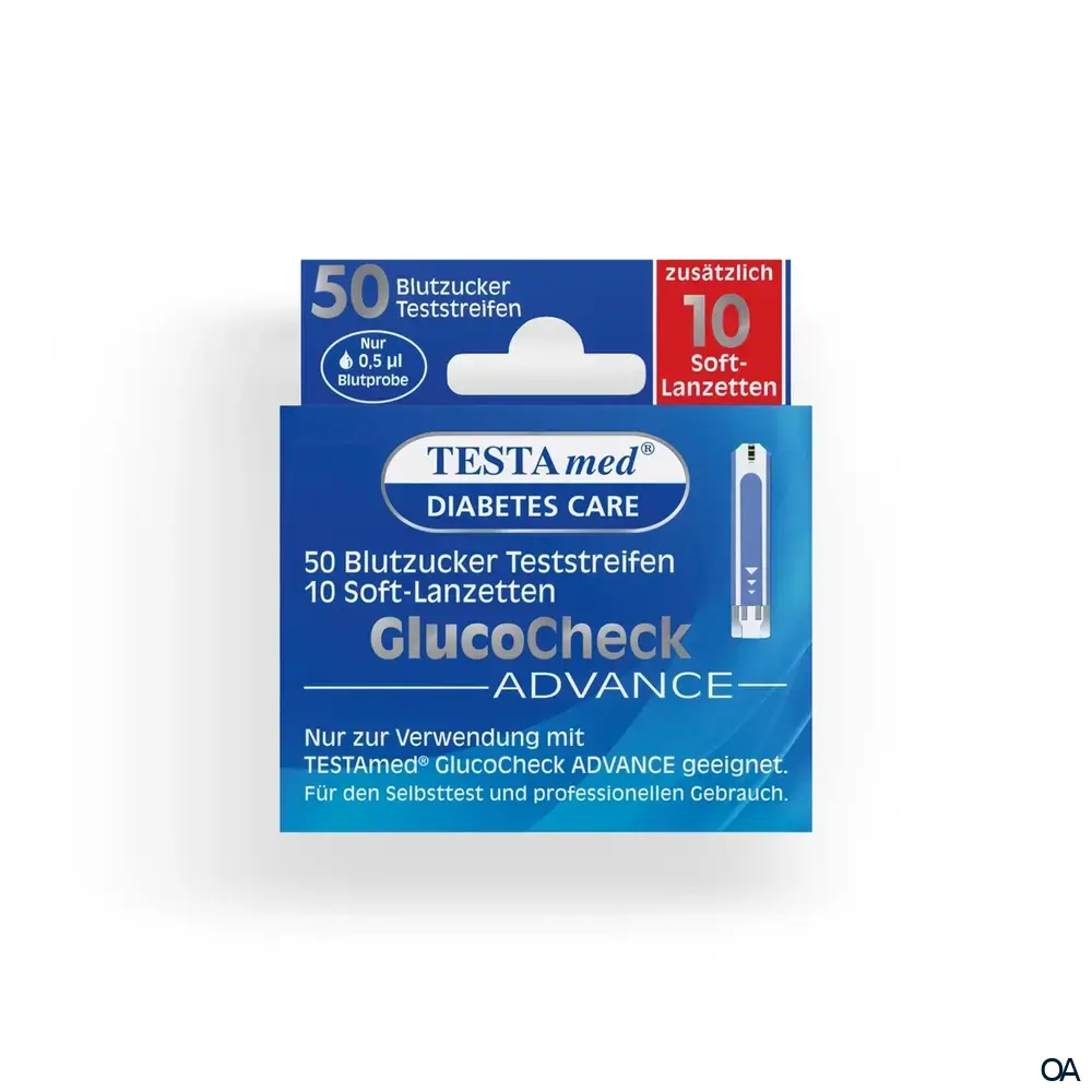 TESTAmed® DIABETES CARE GlucoCheck Advance Blutzuckerteststreifen + 10 Soft-Lanzetten