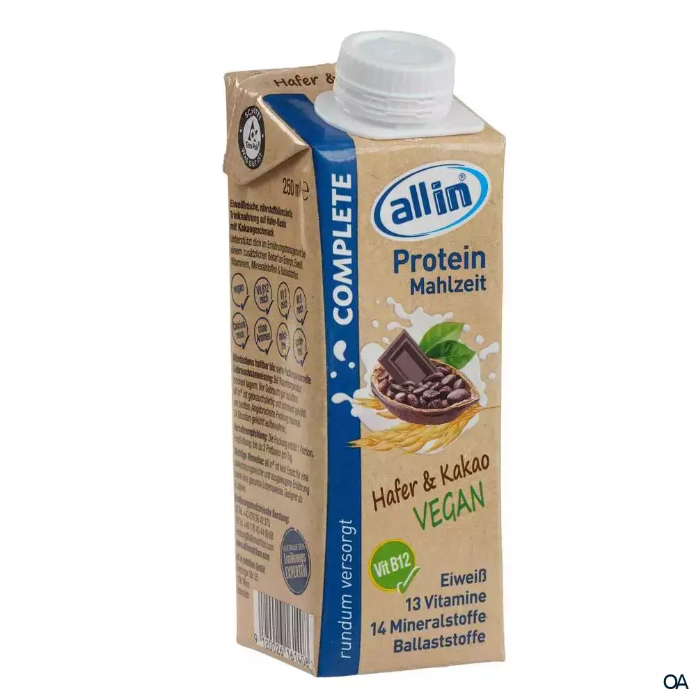 all in® COMPLETE VEGAN Protein Mahlzeit Hafer & Kakao (14 x 250ml) all in® COMPLETE VEGAN Protein Mahlzeit Hafer & Kakao (14 x 250ml)