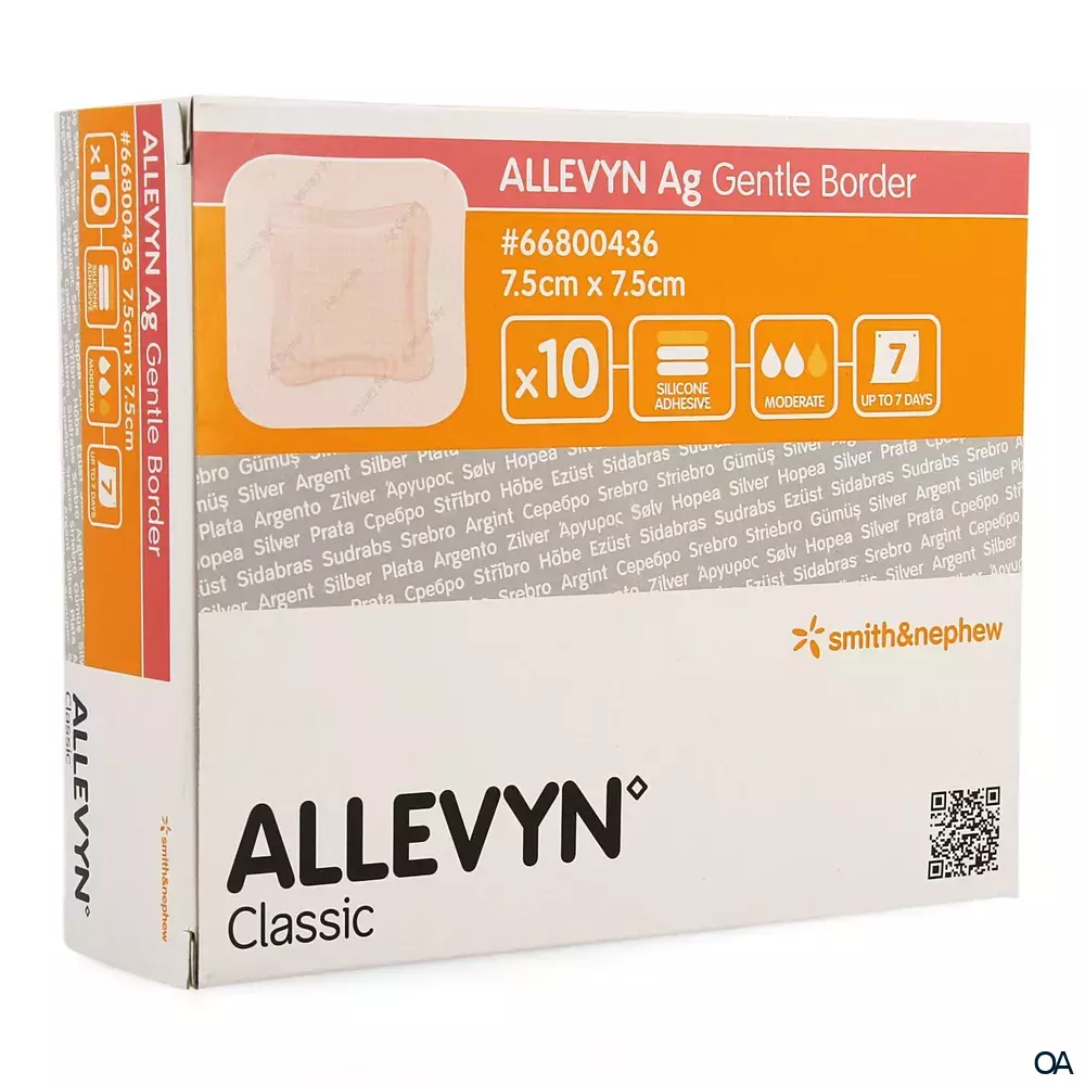 ALLEVYN Ag GENTLE BORDER haftender Silikon-Schaumverband steril, 7,5 x 7,5 cm