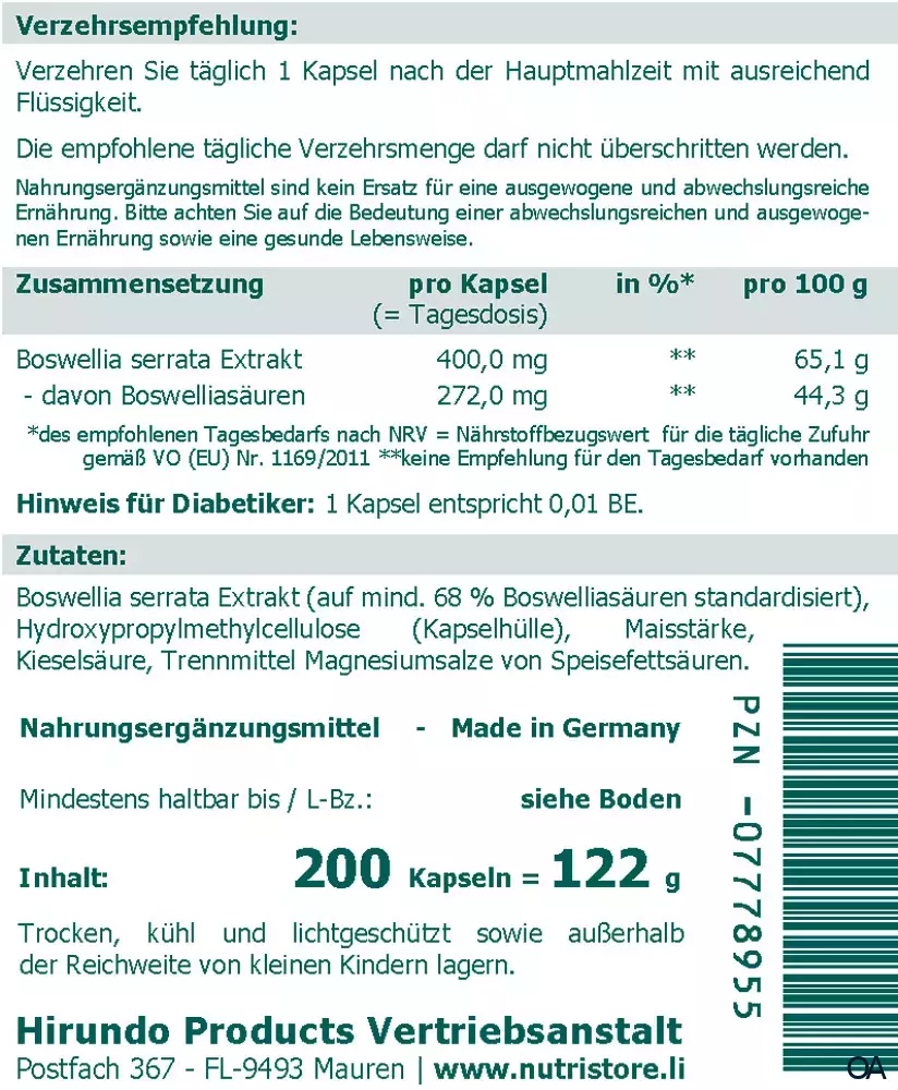 The Nutri Store Boswellia Weihrauch Extrakt Kapseln