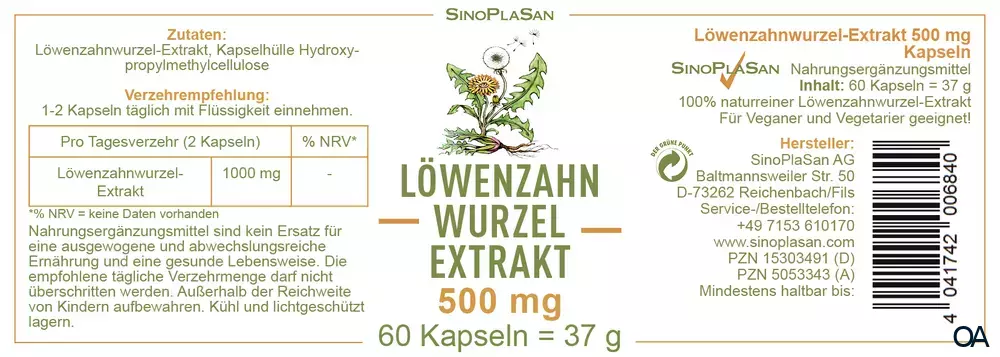 SinoPlaSan Löwenzahnwurzel-Extrakt 500 mg Kapseln